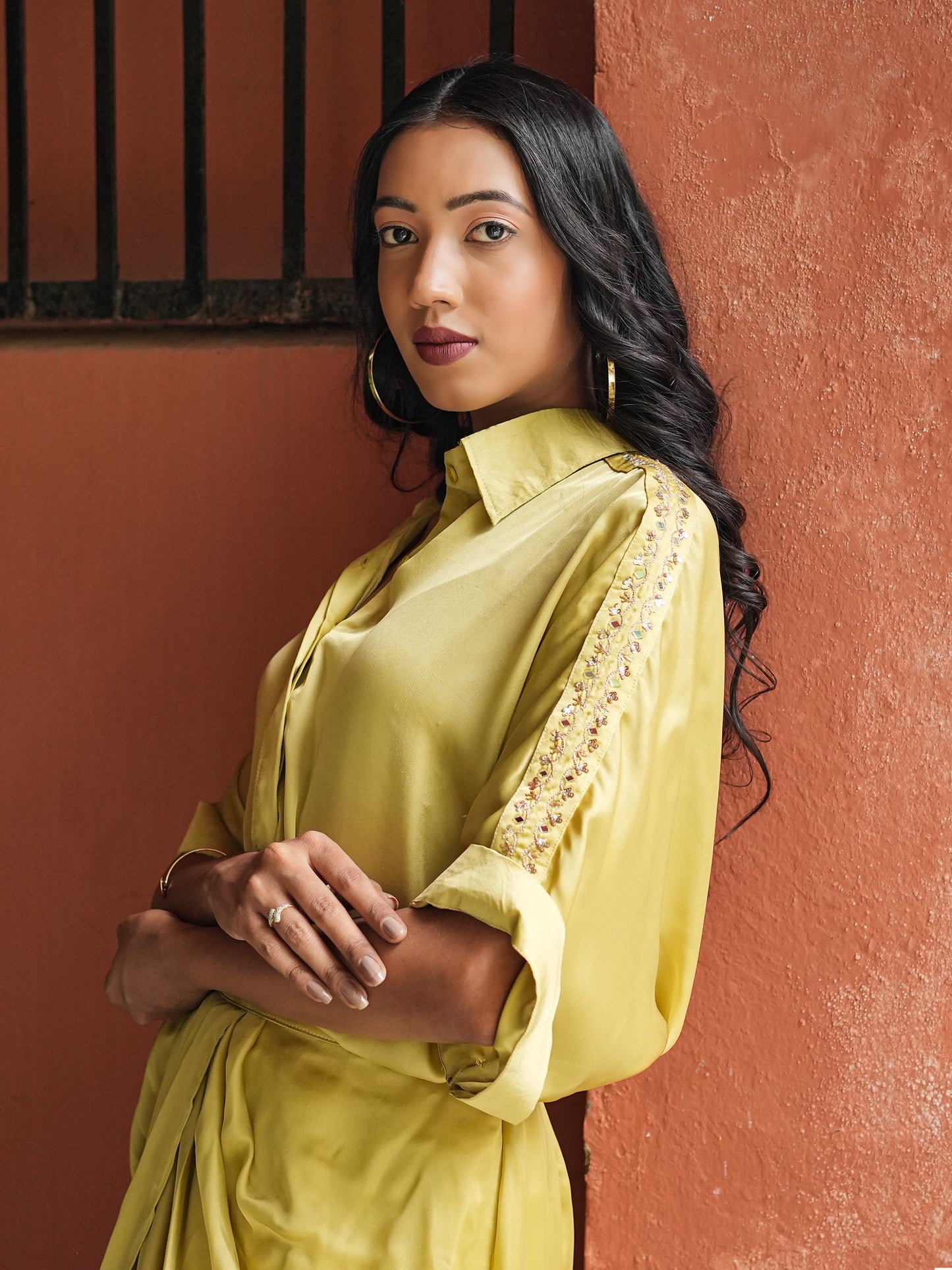 LEMON SATIN DRAPE SKIRT SET