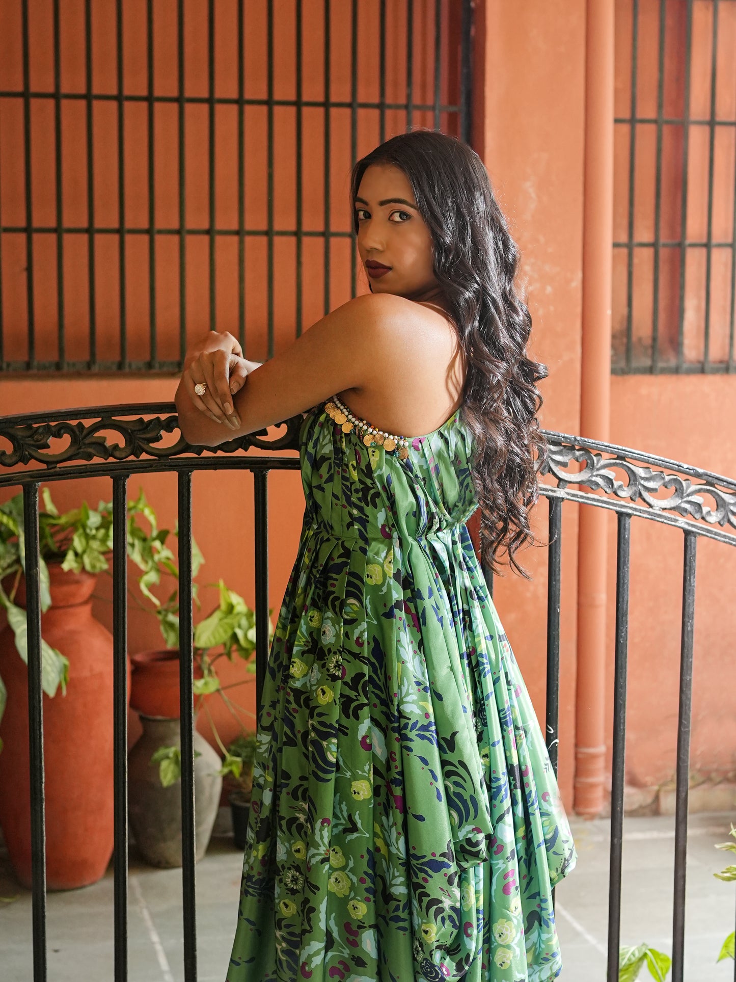 GREEN PRINTED DRAPE SET