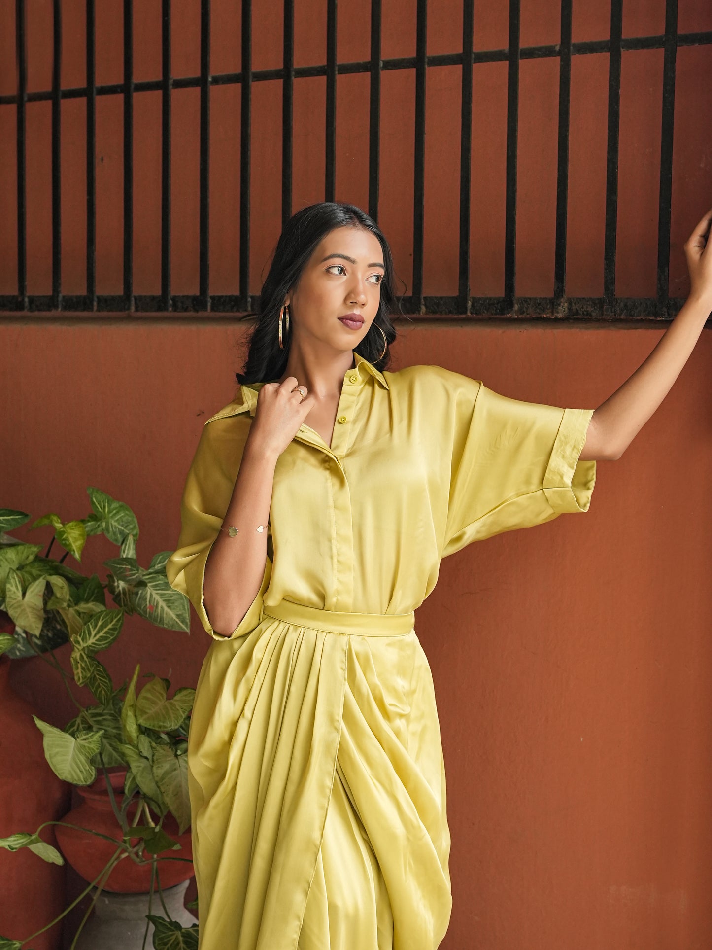 LEMON SATIN DRAPE SKIRT SET
