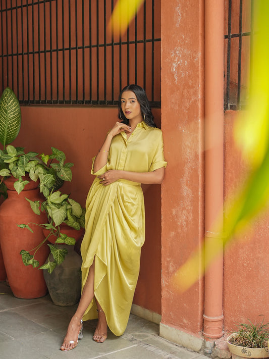 LEMON SATIN DRAPE SKIRT SET