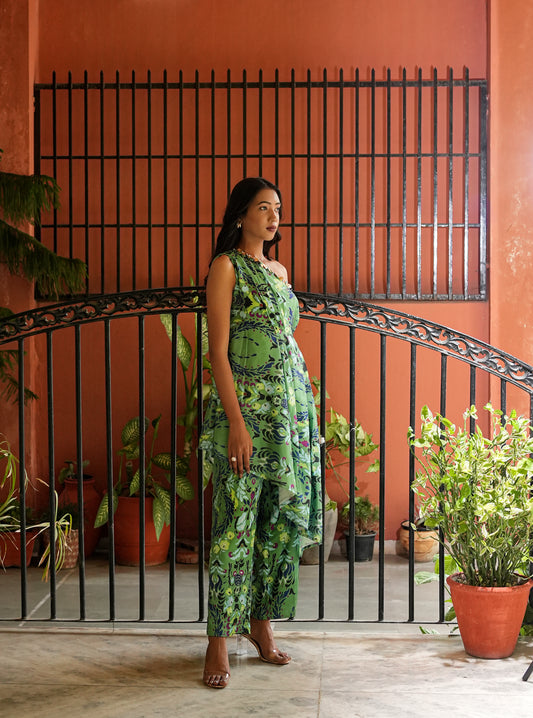 GREEN PRINTED DRAPE SET