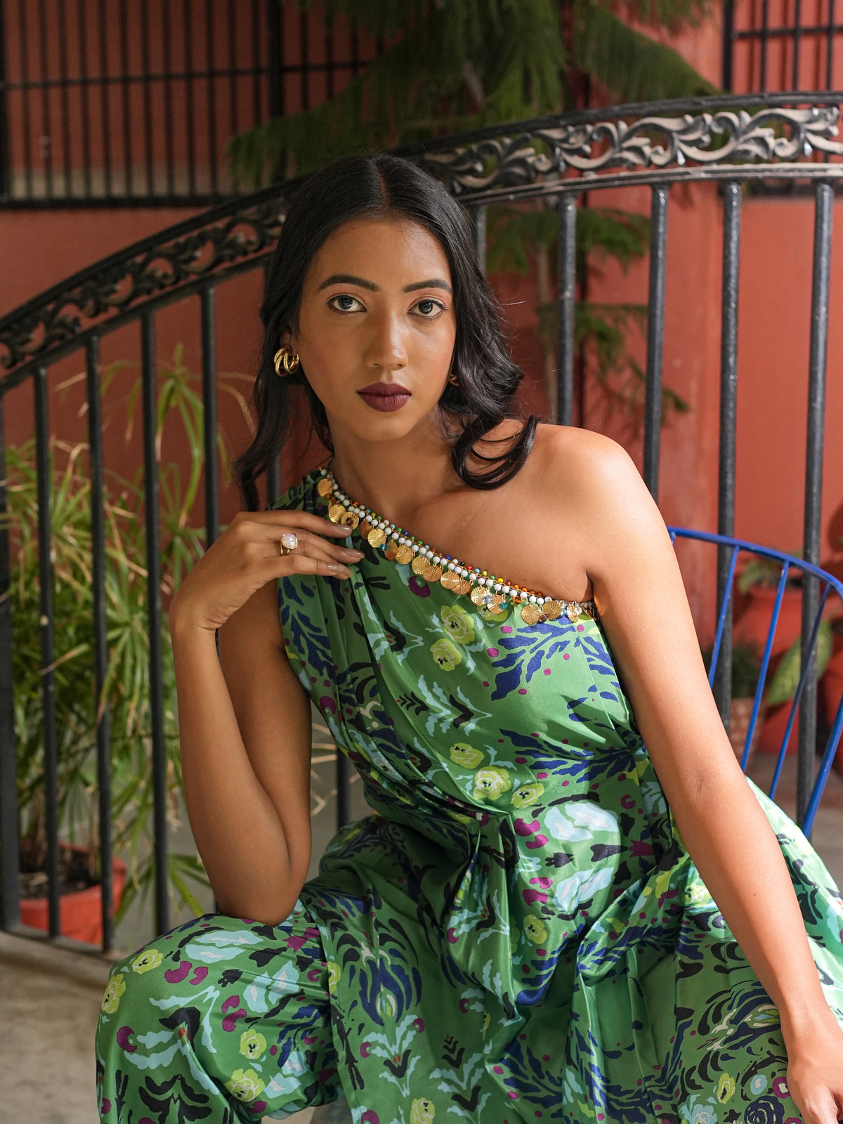 GREEN PRINTED DRAPE SET