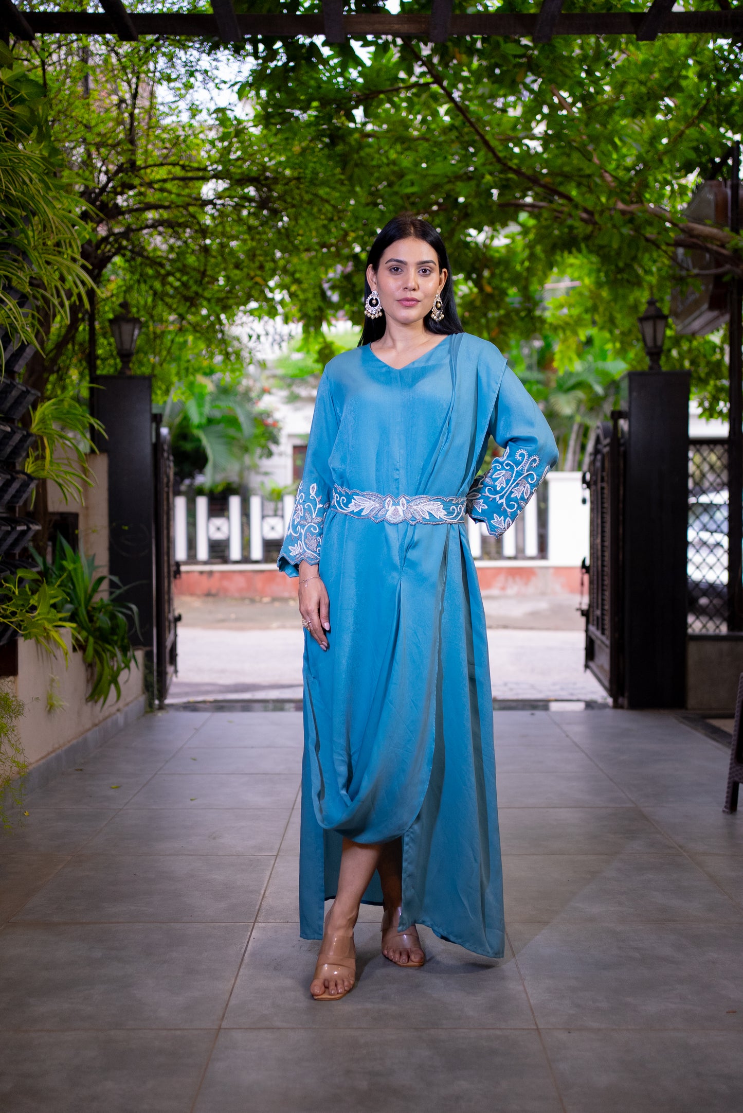 Sajni Emb  drape dress with belt