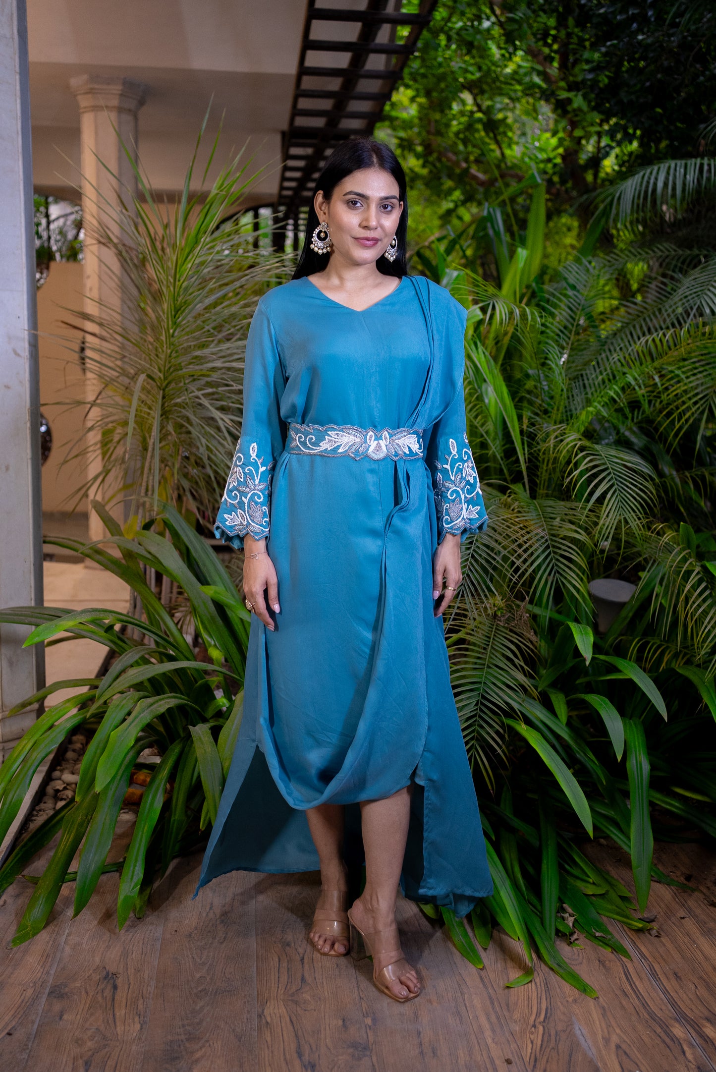 Sajni Emb  drape dress with belt