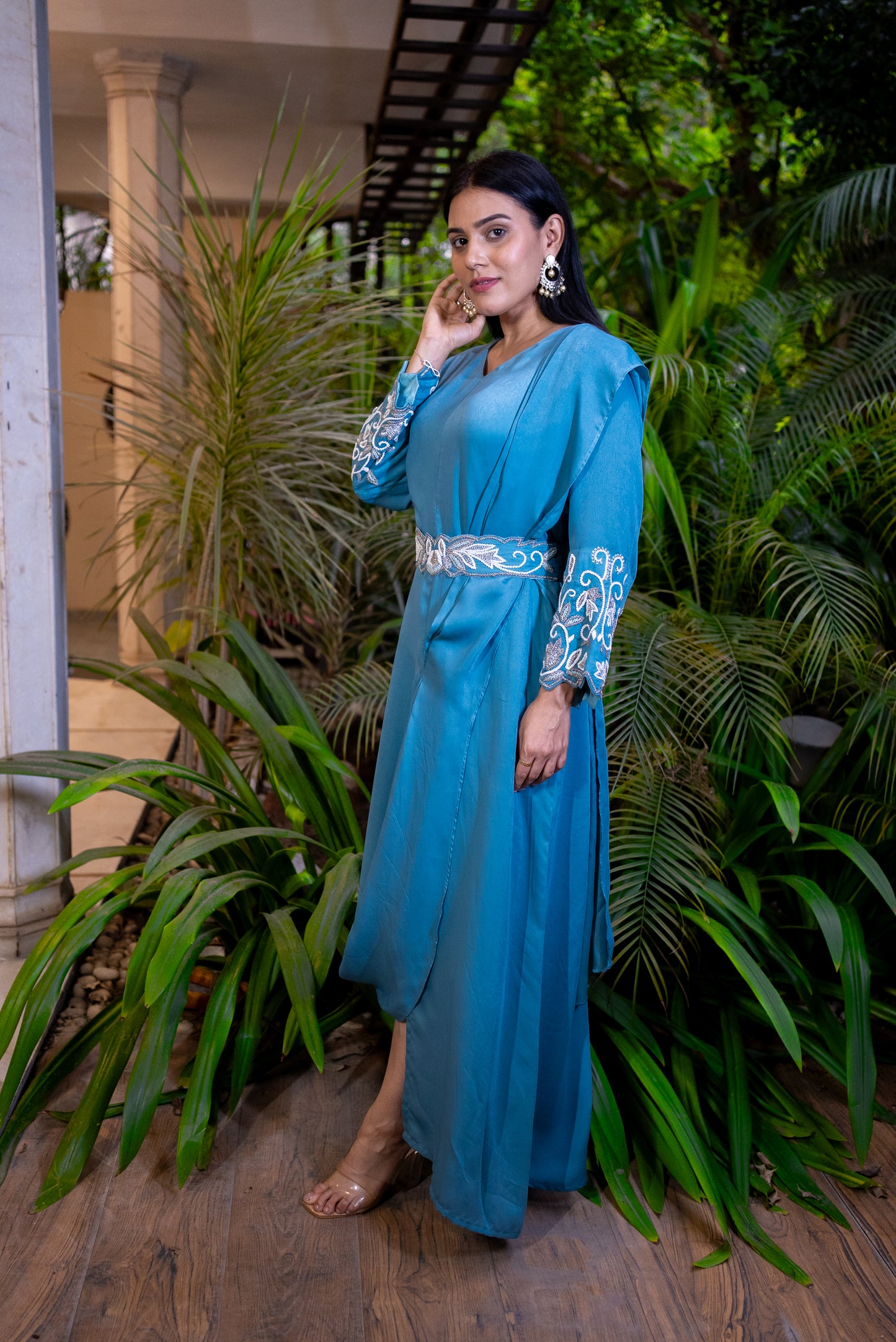 Sajni Emb  drape dress with belt